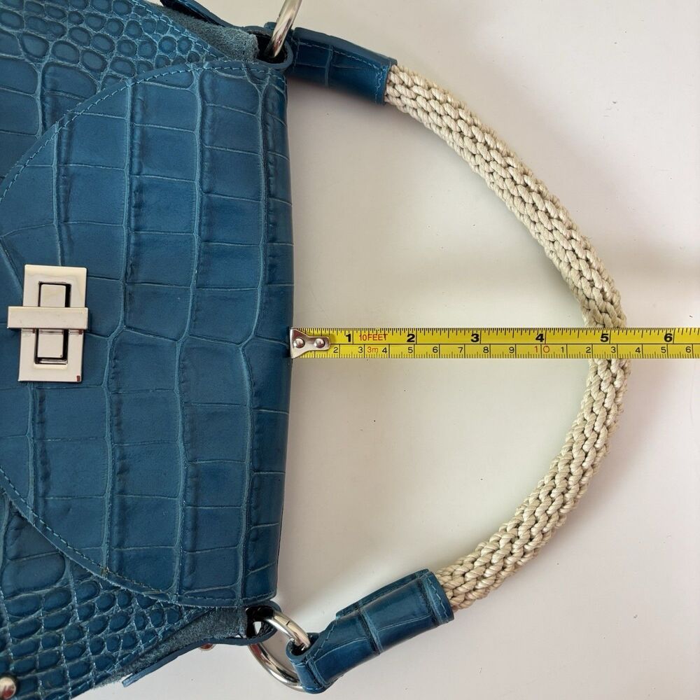 Claudia Firenze Teal Leather Croc-Embossed Handbag Rope Handle Chic Purse Italy - Picture 14 of 16